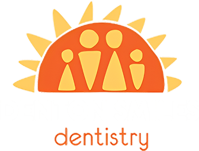 Stylized sun logo with smiling family figures in orange and yellow for Denton Smiles Dentistry.