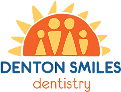 Denton Smiles Dentistry logo featuring stylized family figures under a sun with radiating rays.