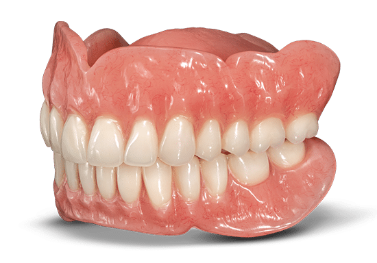 Full denture prosthetic showing complete upper and lower artificial teeth with pink gum base.